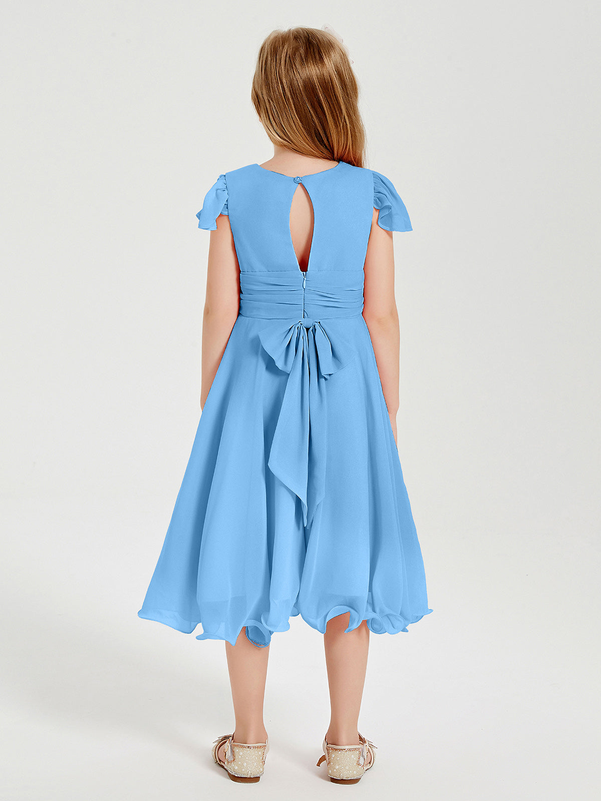 Chiffon Tea Length Junior Bridesmaid Dresses Blue